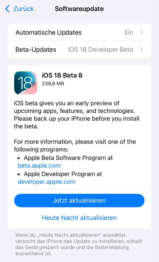 峨山苹果手机维修分享苹果 iOS / iPadOS 18 开发者预览版 Beta 8 发布 